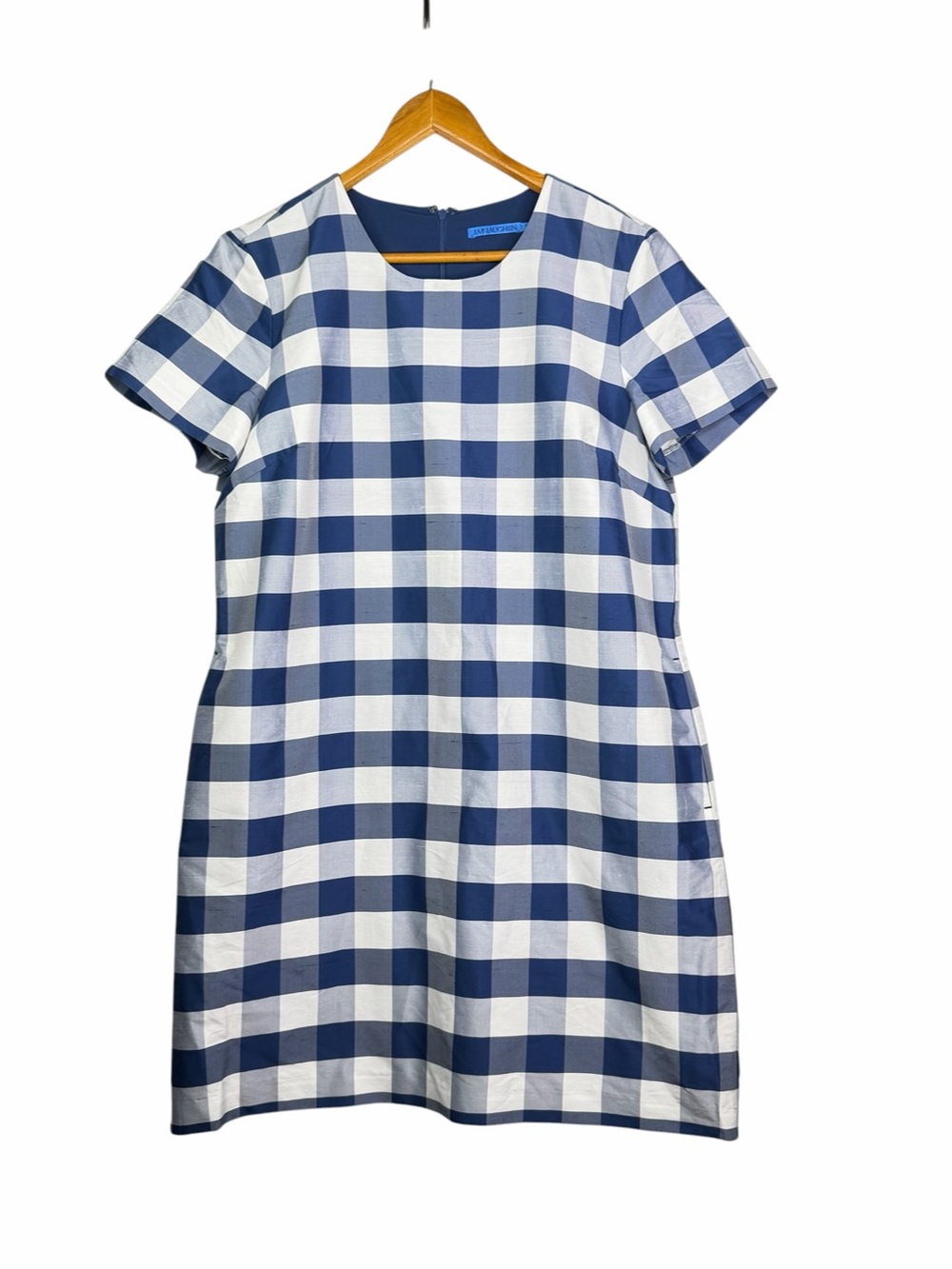 J.McLaughlin Short Sleeve Blue White Shift Dress Pockets Preppy Silk blend Large